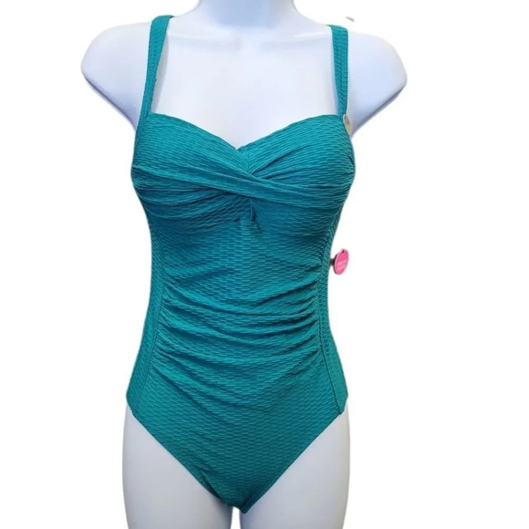 NIPTUCK Omega Teal Texture Joanne Twist Front Design Tummy Control One Piece - Picture 2 of 9